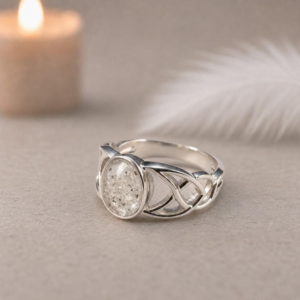 Celtic Style Ring,  Memorial, Sterling Silver, Cremation Keepsake
