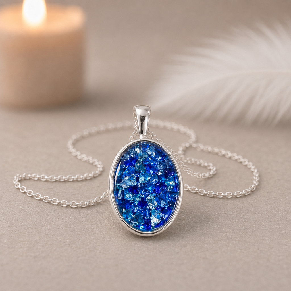 Necklace for Women, Sterling Silver Oval Pendant, Choice of Colour, Optional Chain, Sparkly Gift for Her. Crushed Glass