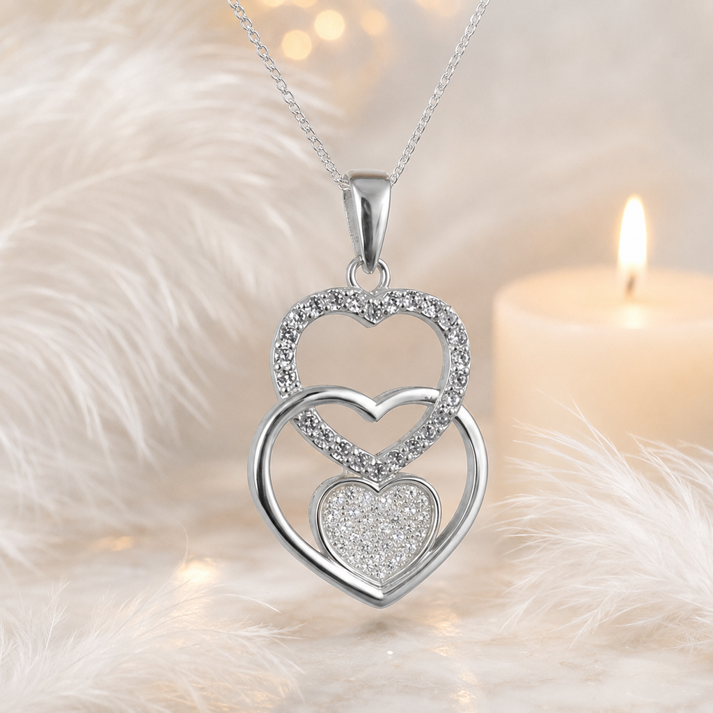Triple Heart Pendant with Diamond Dust  and CZ Stone Setting