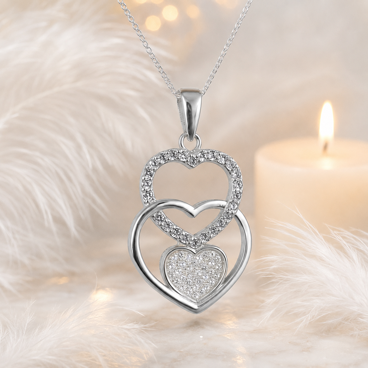 Triple Heart Pendant with Diamond Dust  and CZ Stone Setting