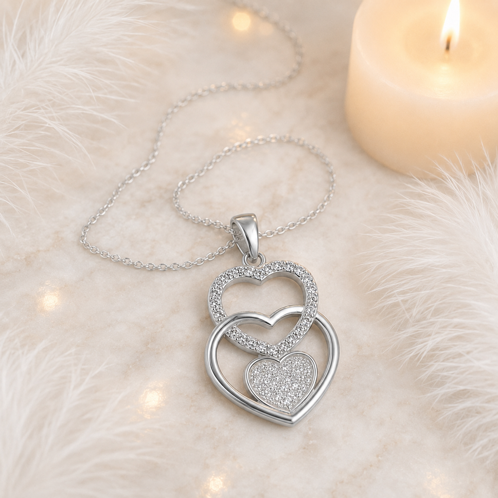 Triple Heart Pendant with Diamond Dust  and CZ Stone Setting