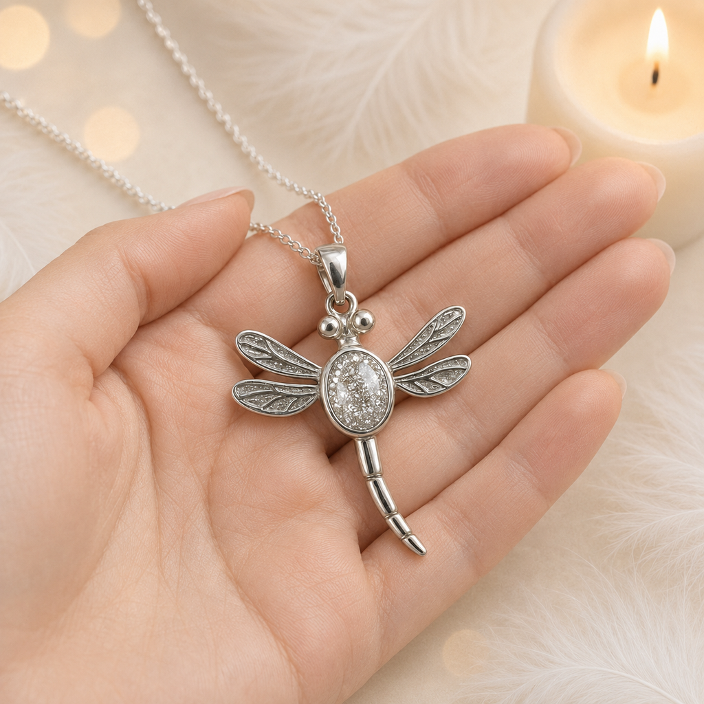 Dragonfly Sterling Silver Pendant With Chain and Diamond Dust
