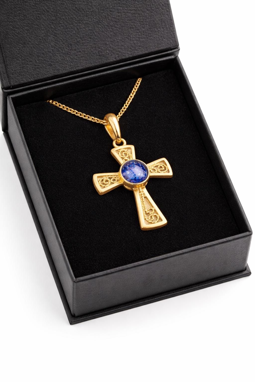 Cross. Pet Memorial Jewellery with Ashes – Handmade Cremation Keepsake Jewellery. Gold