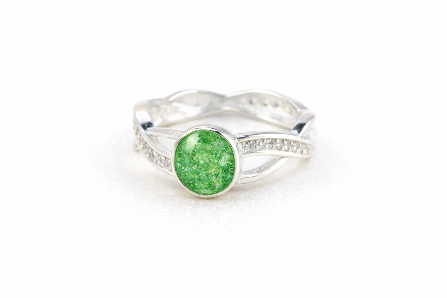 Silver Ring,  Memorial, Sterling Silver, Cremation Keepsake with Cubic Zirconia Stones