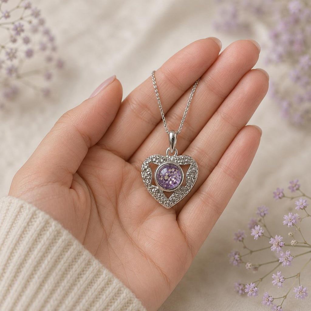 Heart CZ Stones Pet Memorial pendant. Sterling Silver. Cremation Keepsake Jewellery. 15mm
