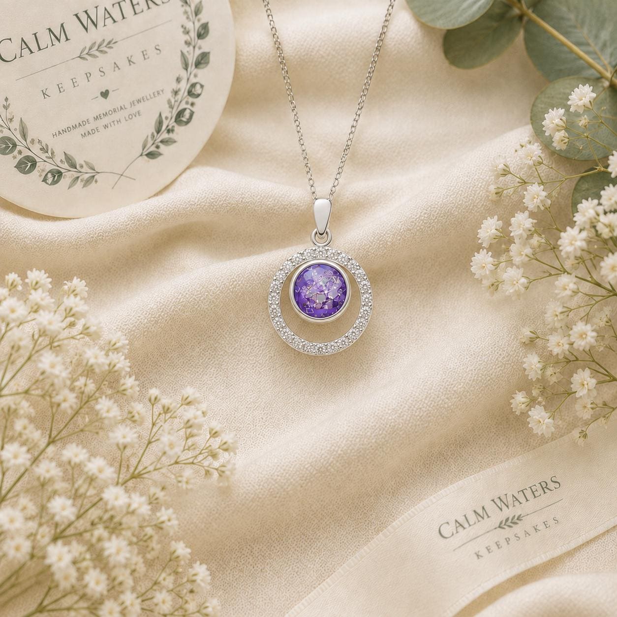 Memorial Jewellery Pendant With CZ Stones. Keepsake, Chain Included 12mm