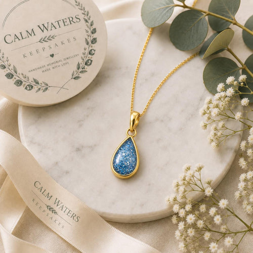 Gold Teardrop Pendant Memorial – Ashes or Hair Keepsake Necklace