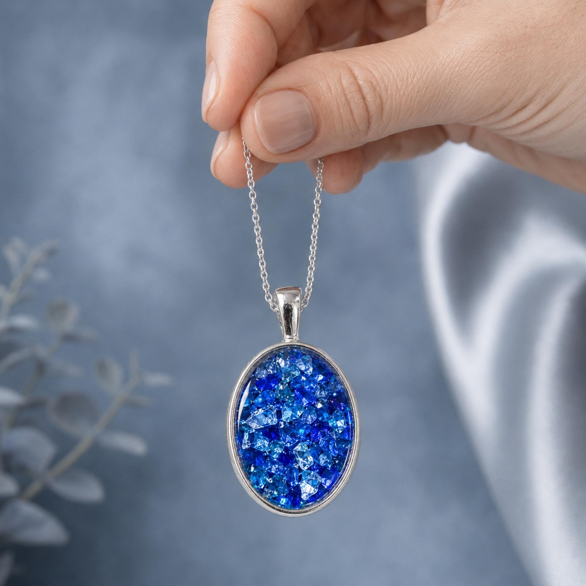 Necklace for Women, Sterling Silver Oval Pendant, Choice of Colour, Optional Chain, Sparkly Gift for Her. Crushed Glass