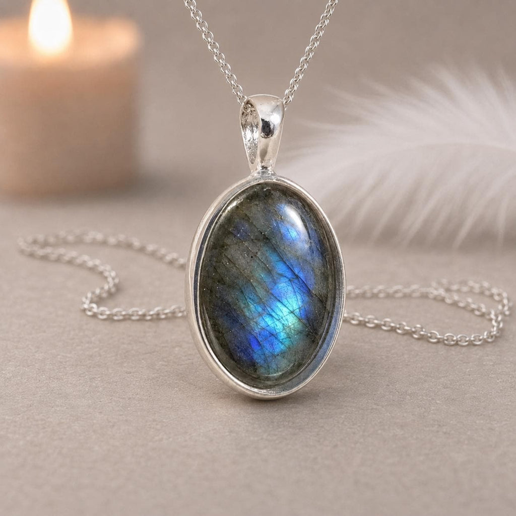 Oval Labradorite Sterling Silver Pendant Necklace, Natural Gemstone Jewelry