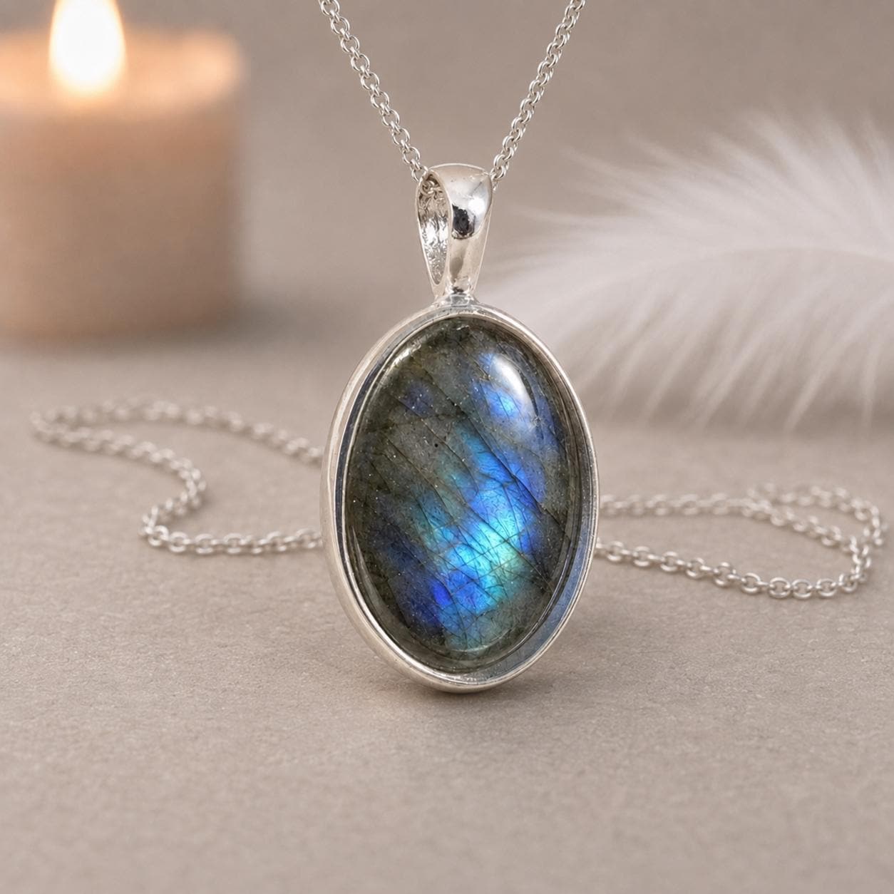 Oval Labradorite Sterling Silver Pendant Necklace, Natural Gemstone Jewelry