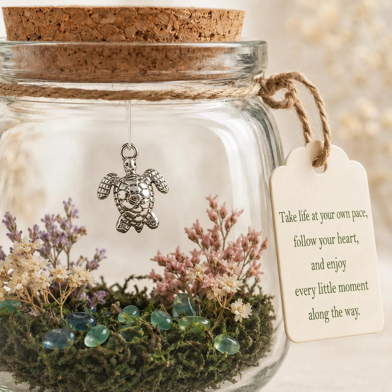 Turtle Keepsake Jar, Take Life at Your Own Pace Gift, Little World With Dried Flowers, Inspirational Friendship Gift