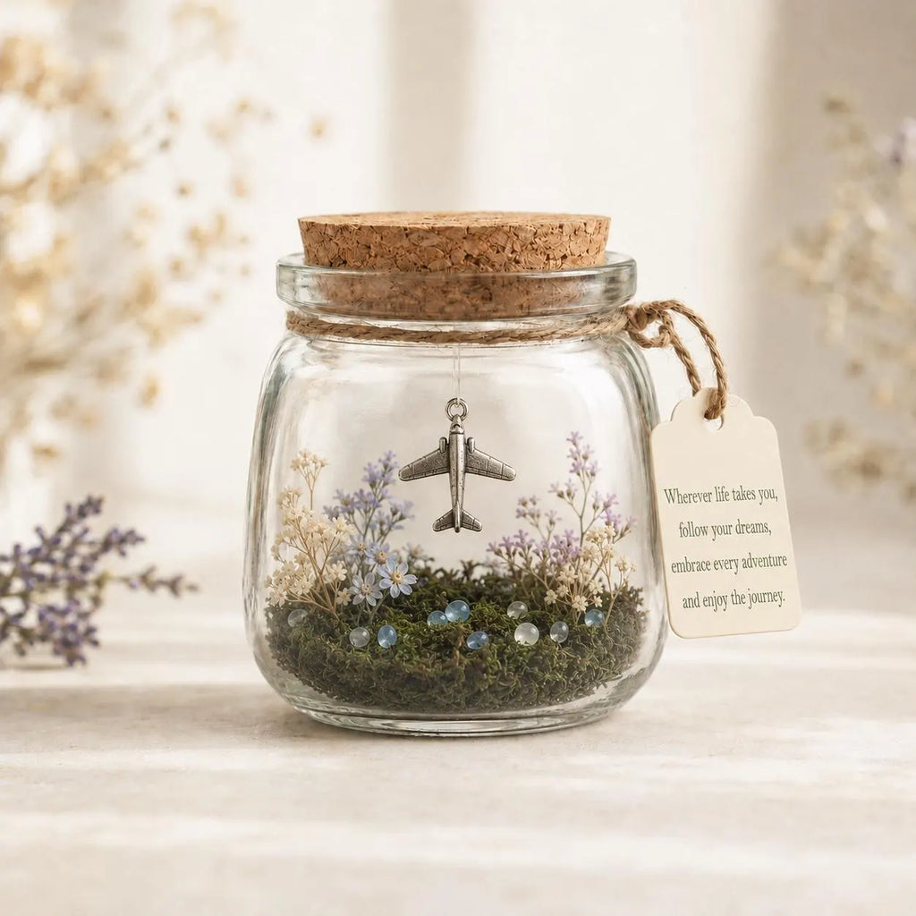 Aeroplane Keepsake Jar, Adventure Awaits Travel Gift, Little World With Dried Flowers, Leaving Gift for Traveller