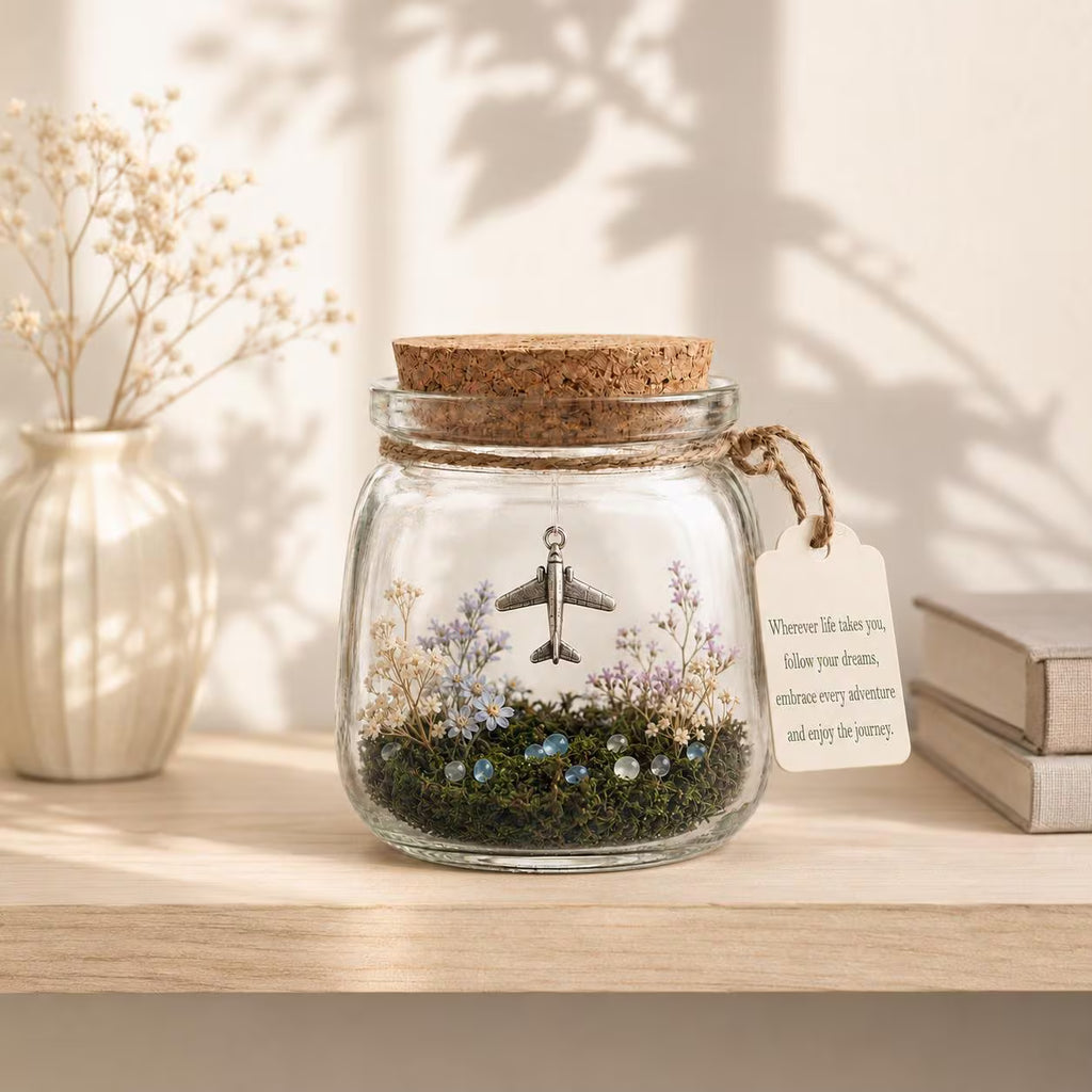 Aeroplane Keepsake Jar, Adventure Awaits Travel Gift, Little World With Dried Flowers, Leaving Gift for Traveller