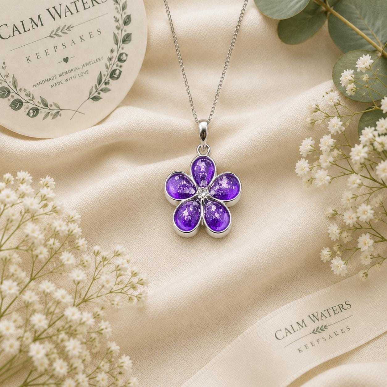 Sterling Silver Pet Memorial Flower Pendant, Ashes or Fur Keepsake Necklace