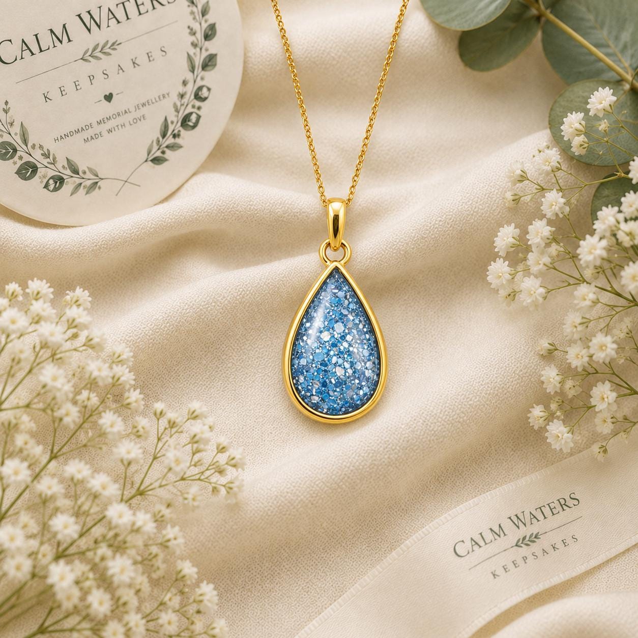 Gold Teardrop Pendant Memorial – Ashes or Hair Keepsake Necklace