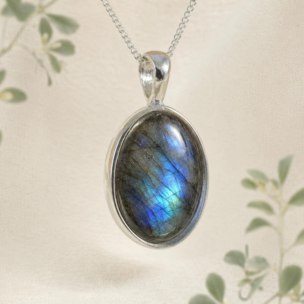 Oval Labradorite Sterling Silver Pendant Necklace, Natural Gemstone Jewelry