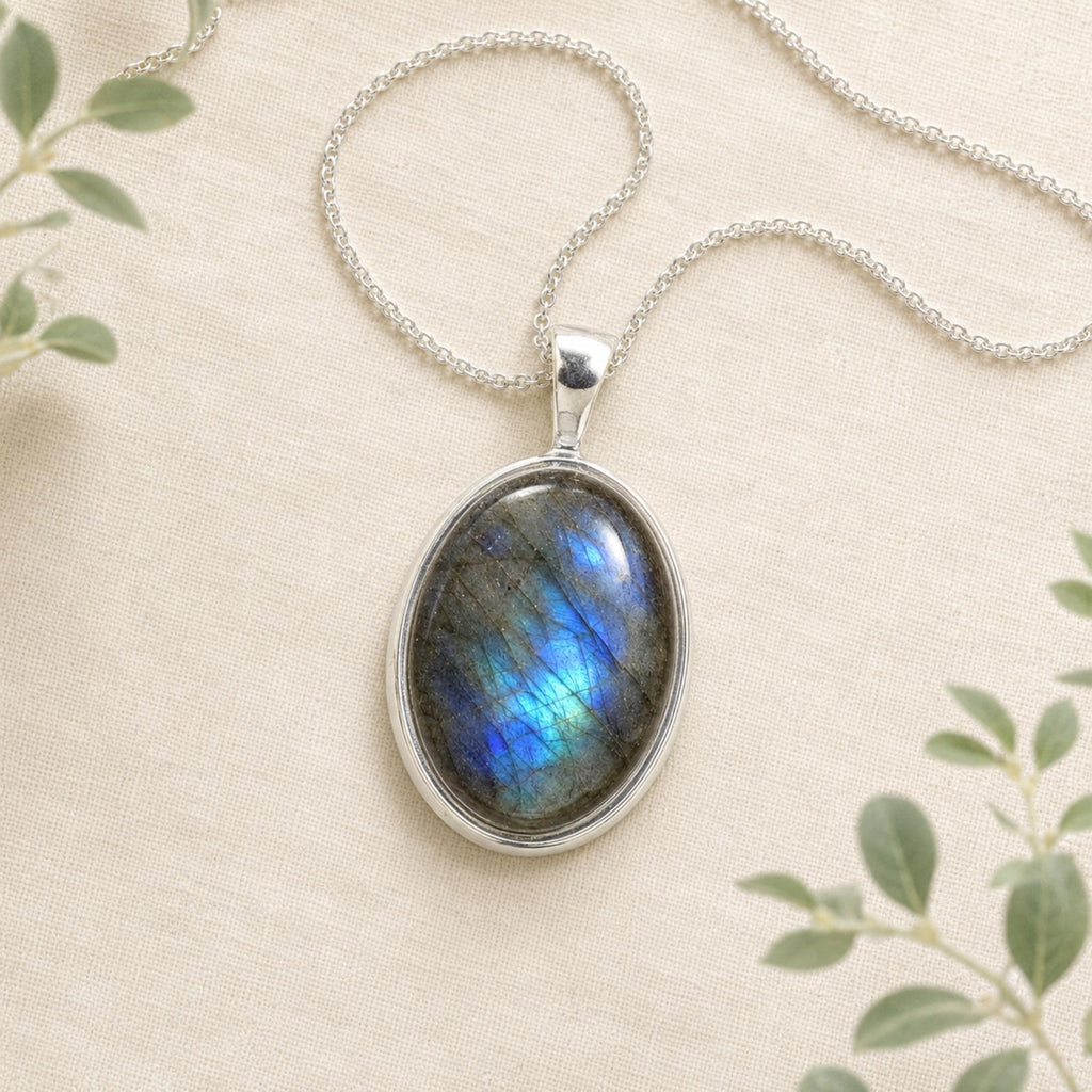Oval Labradorite Sterling Silver Pendant Necklace, Natural Gemstone Jewelry