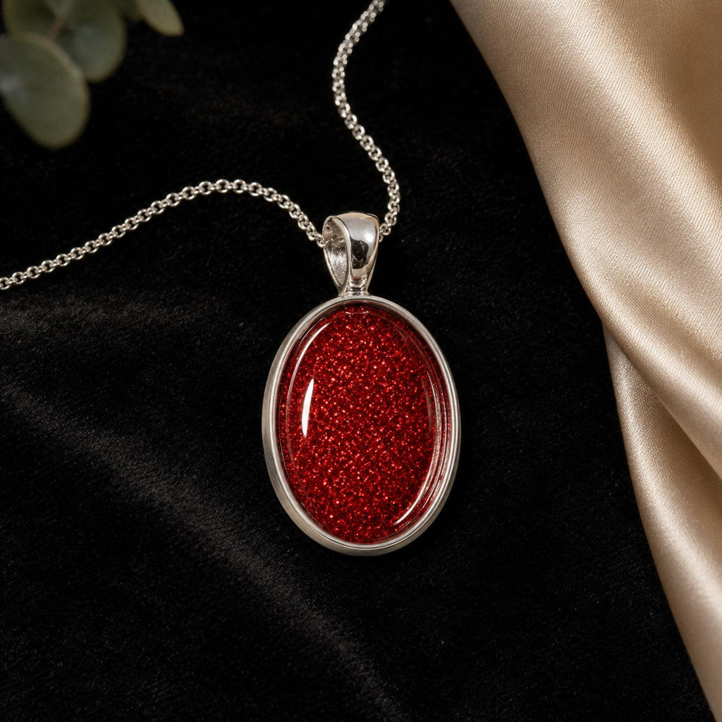 Necklace for Women, Sterling Silver Oval Pendant, Choice of Colour, Optional Chain, Sparkly Gift for Her. Glitter Resin