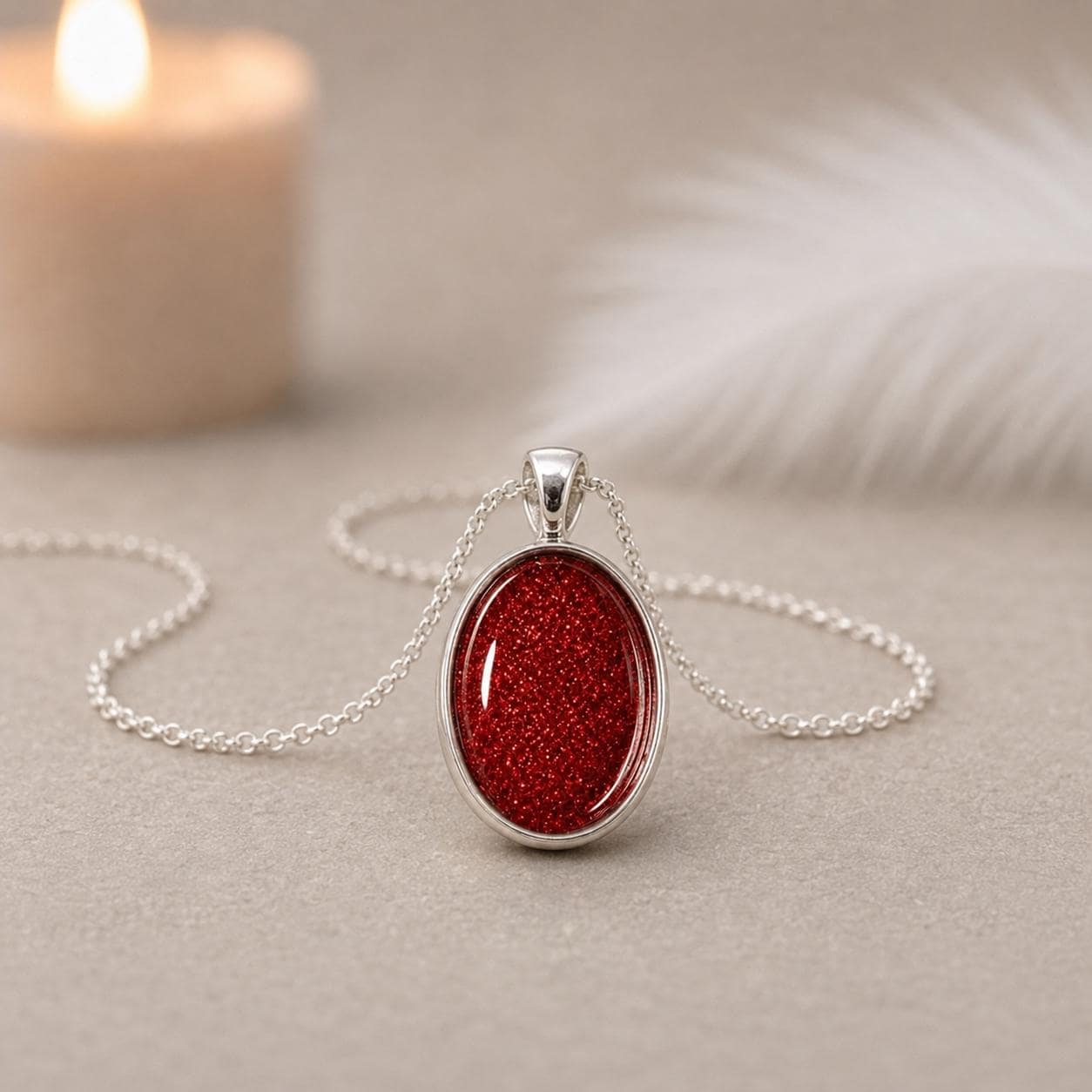 Glitter Resin Oval Pendant Necklace, Sterling Silver, Handmade Sparkle Jewellery