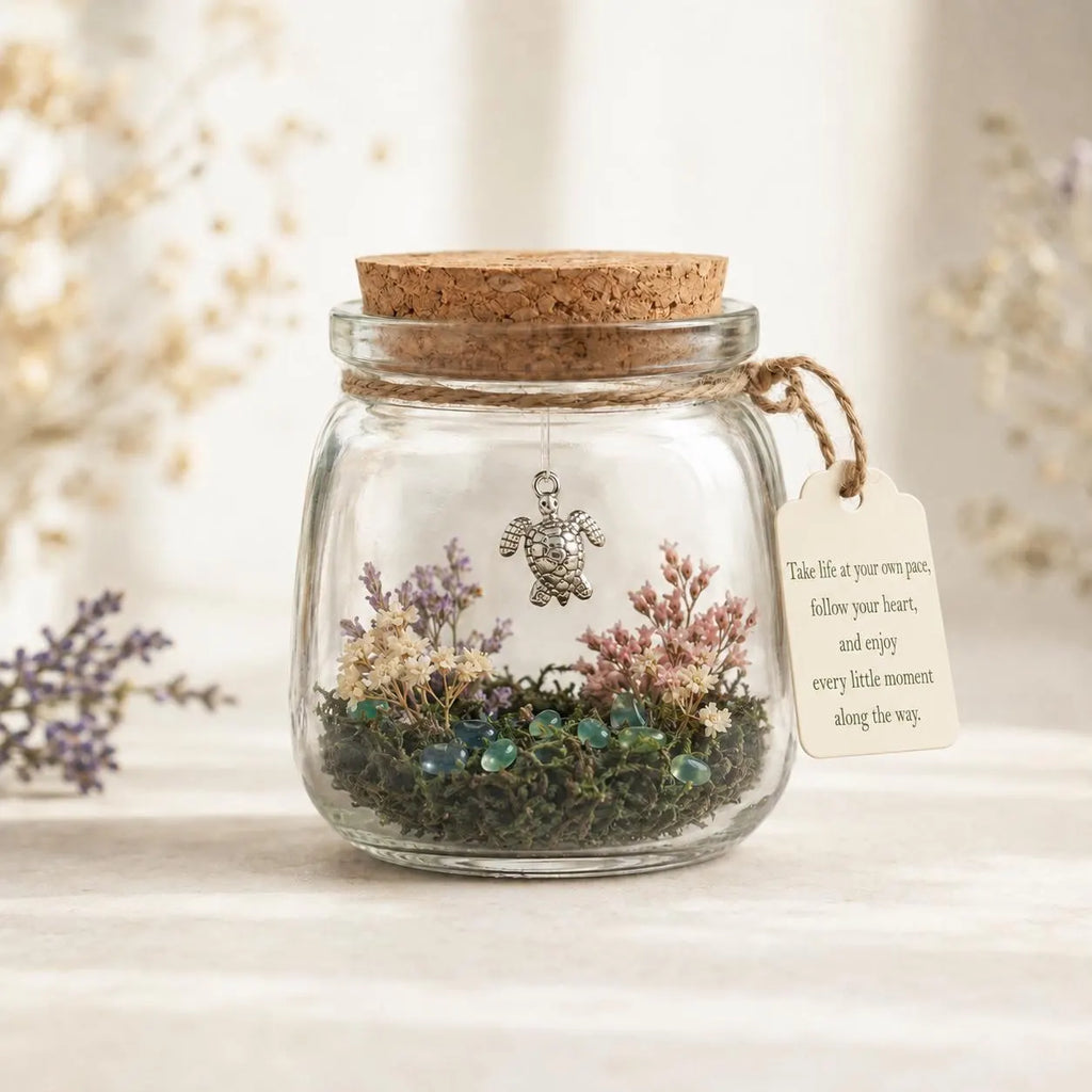 Turtle Keepsake Jar, Take Life at Your Own Pace Gift, Little World With Dried Flowers, Inspirational Friendship Gift