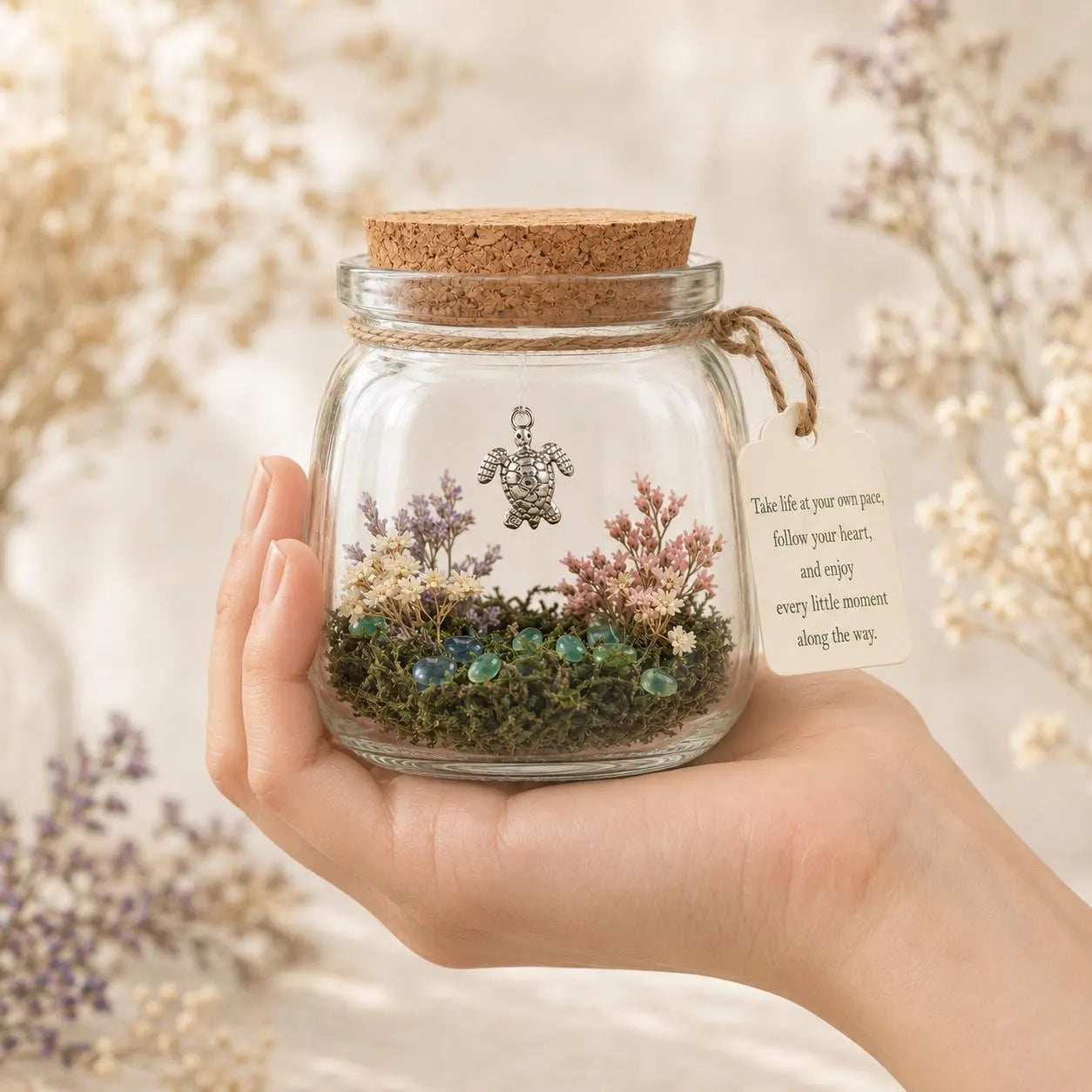 Turtle Keepsake Jar, Take Life at Your Own Pace Gift, Little World With Dried Flowers, Inspirational Friendship Gift