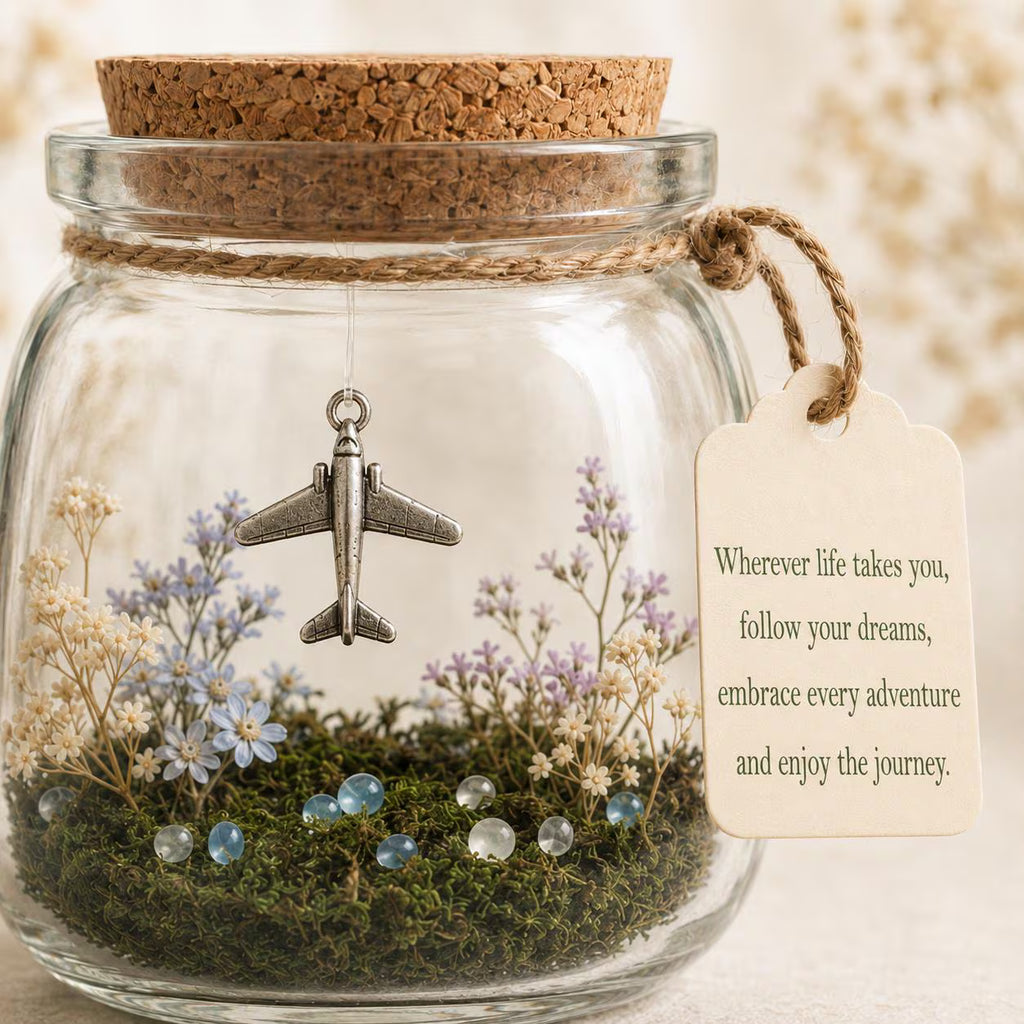 Aeroplane Keepsake Jar, Adventure Awaits Travel Gift, Little World With Dried Flowers, Leaving Gift for Traveller