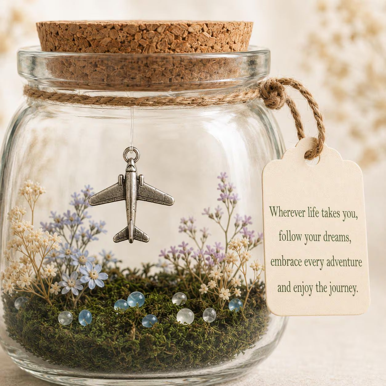 Aeroplane Keepsake Jar, Adventure Awaits Travel Gift, Little World With Dried Flowers, Leaving Gift for Traveller